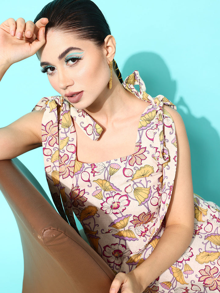 Yellow-&-Off-White-Floral-Print-Pure-Cotton-A-Line-Dress