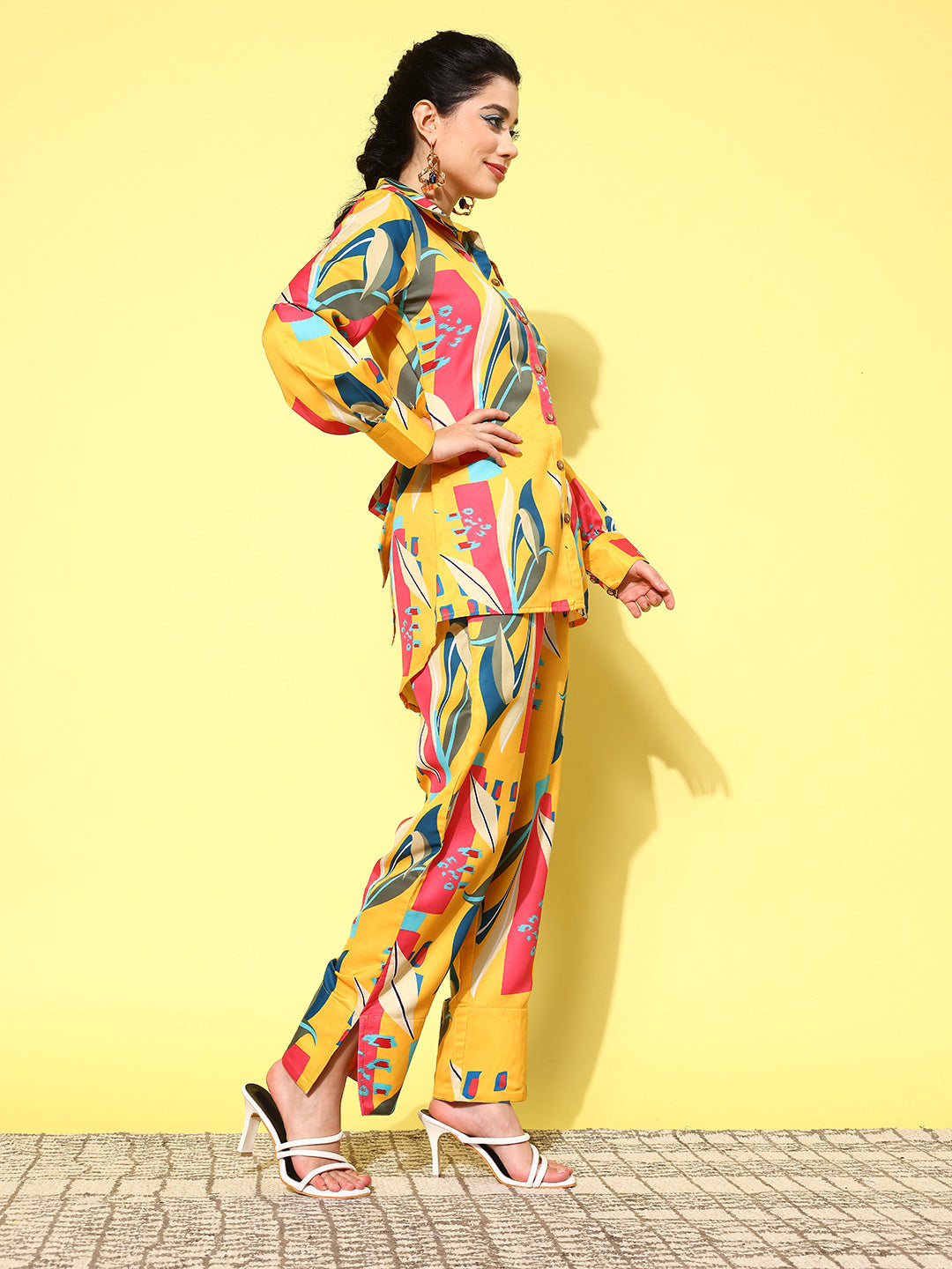 Yellow-And-Pink-Printed-Satin-Shirt-With-Trousers-Co-Ords-1433CRDYL