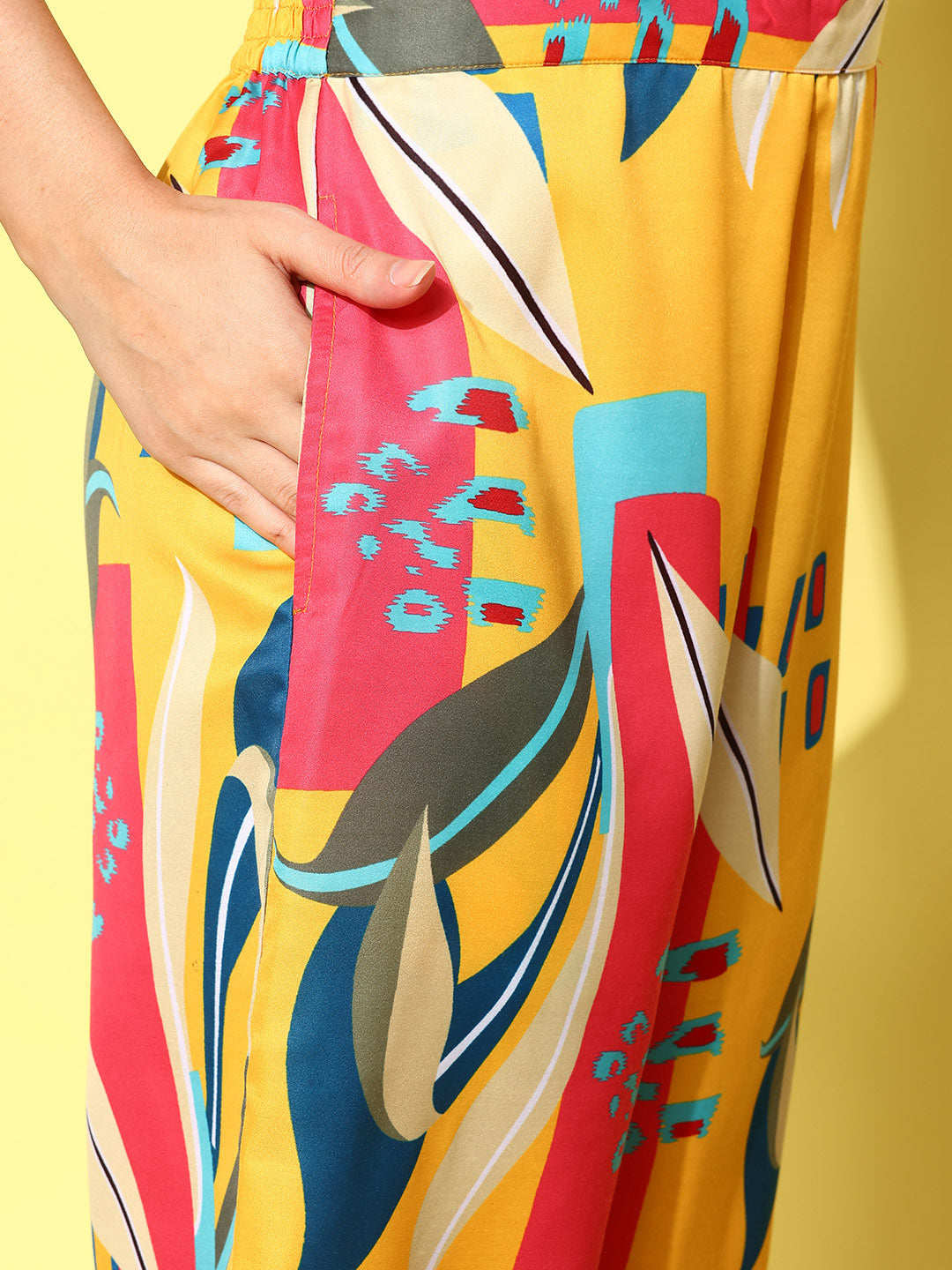 Yellow & Pink Printed Satin Shirt With Trousers Co-Ords