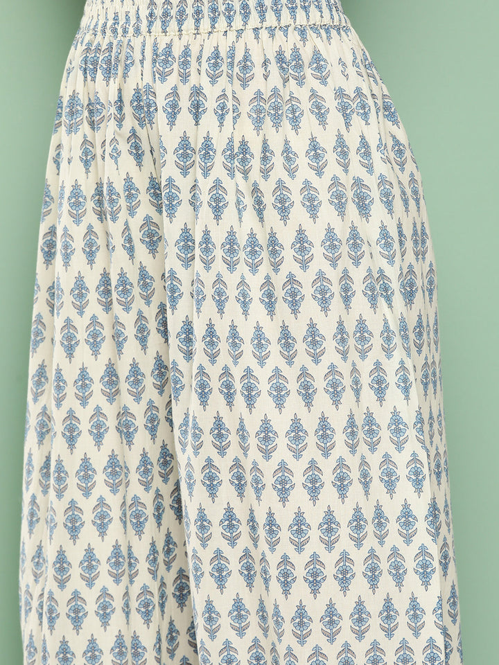 Blue & Cream Floral Printed Regular Pure Cotton Kurta With Harem Pants & Dupatta Set