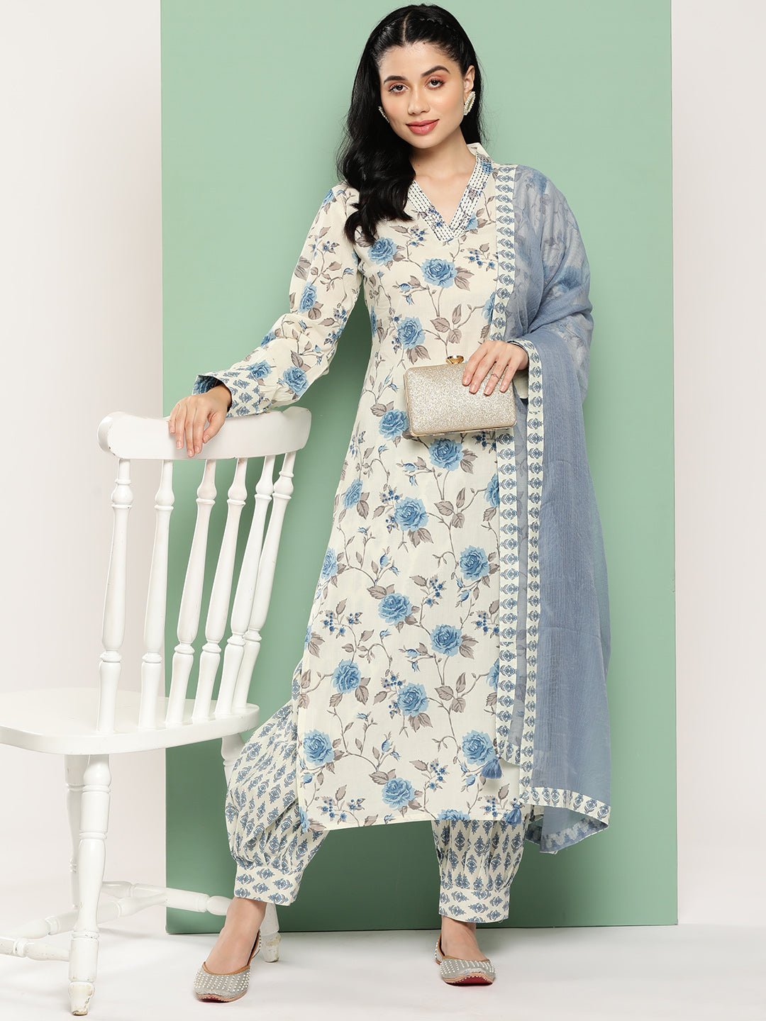 Blue-And-Cream-Floral-Printed-Regular-Pure-Cotton-Kurta-With-Harem-Pants-&-Dupatta-Set-1438SKDBL