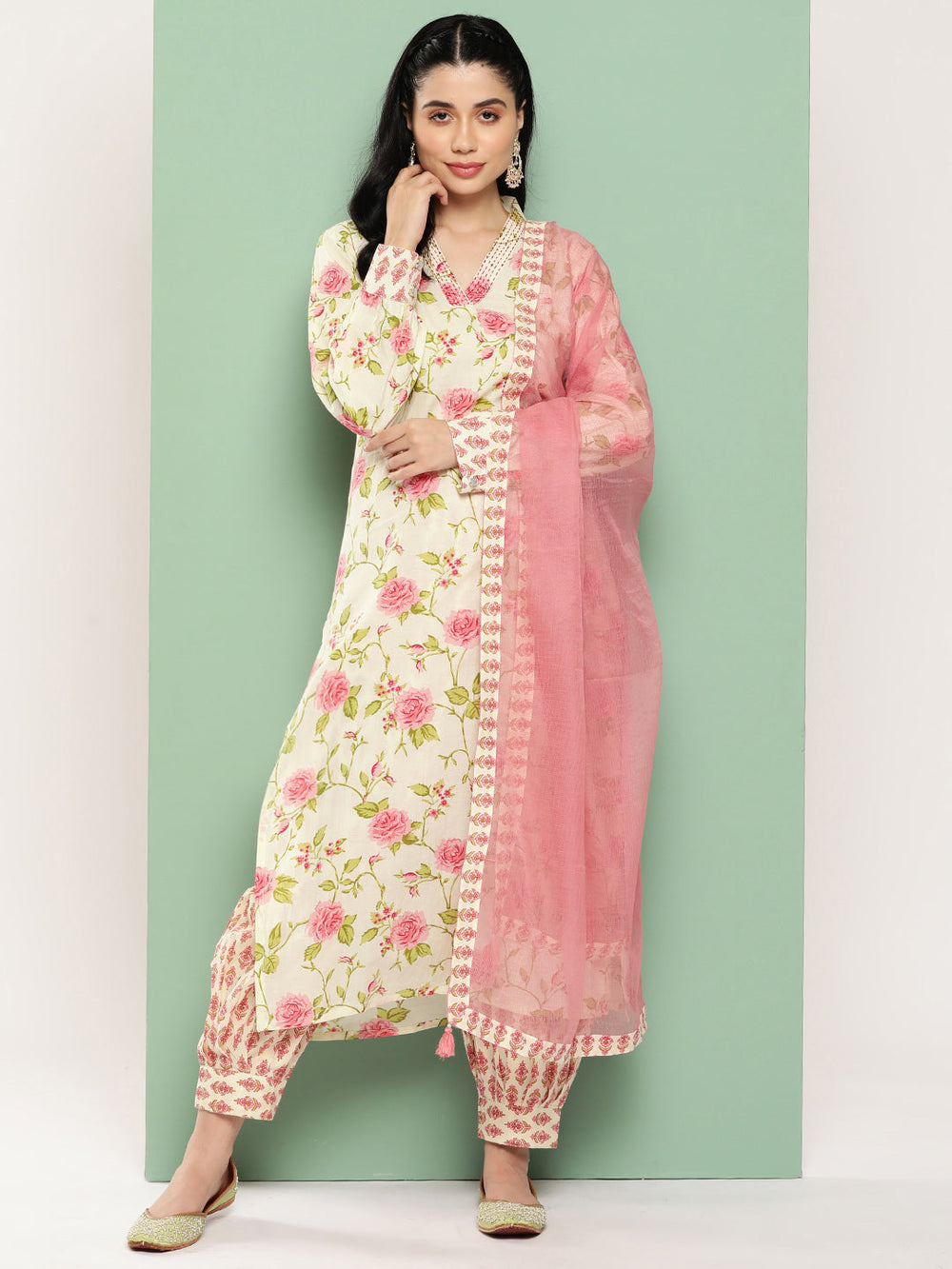 Cream-Floral-Printed-Regular-Pure-Cotton-Kurta-With-Harem-Pants-&-Dupatta-Set-1438SKDPK