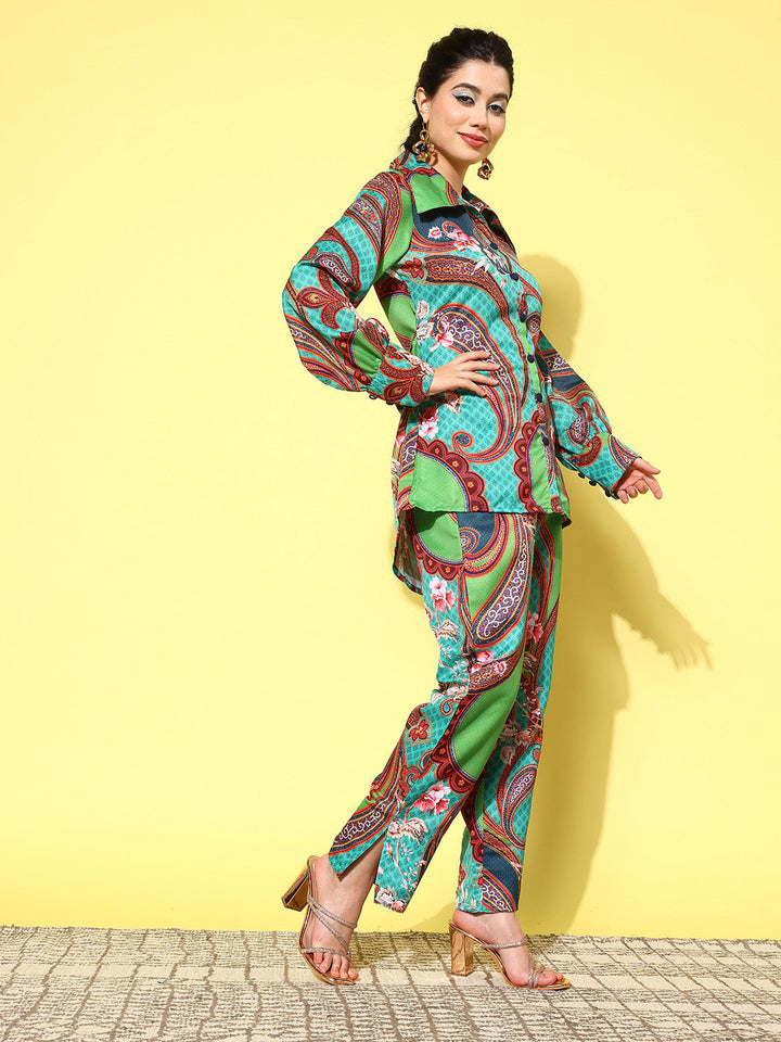 Green-And-Turquoise-Blue-Printed-Satin-Shirt-With-Trousers-Co-Ords-1439CRDGR