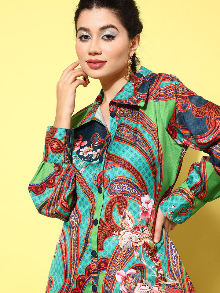 Green-And-Turquoise-Blue-Printed-Satin-Shirt-With-Trousers-Co-Ords-1439CRDGR