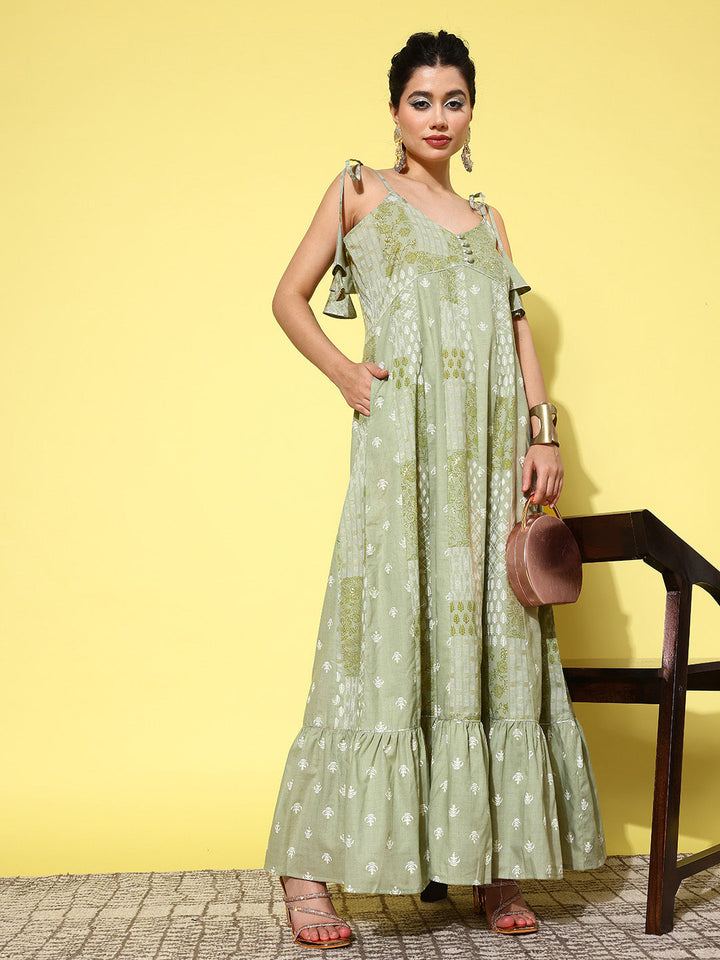 Green-Ethnic-Motifs-Print-Cotton-A-Line-Maxi-Dress
