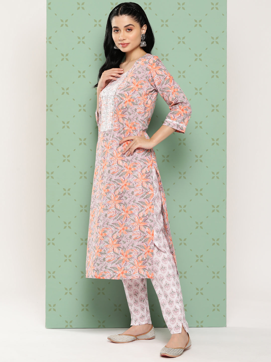 Pink Floral Embroidered Regular Pure Cotton Kurta With Trousers & Dupatta Set