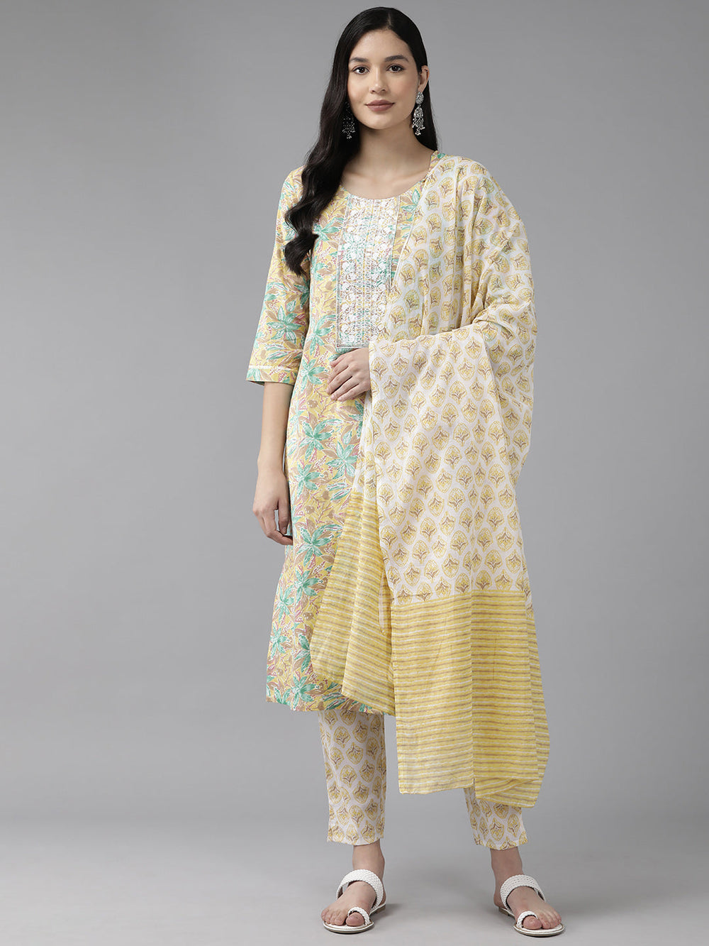 Yellow-Floral-Embroidered-Sequinned-Pure-Cotton-Kurta-With-Trousers-&-Dupatta-1443SKDYL