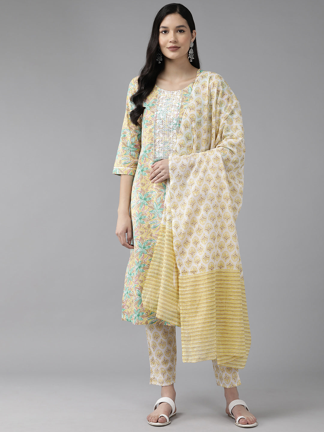 Yellow-Floral-Embroidered-Sequinned-Pure-Cotton-Kurta-With-Trousers-&-Dupatta-1443SKDYL