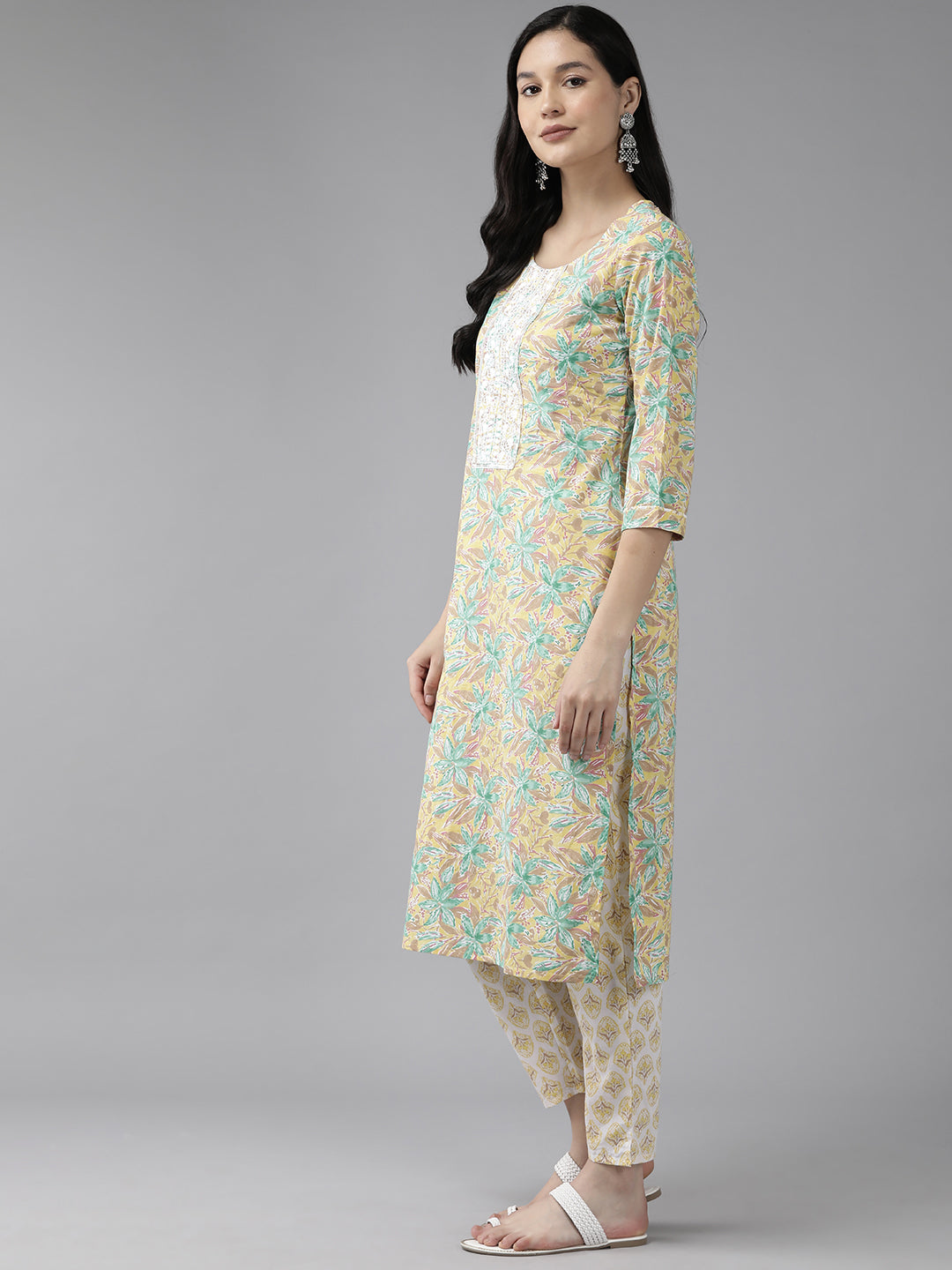 Yellow-Floral-Embroidered-Sequinned-Pure-Cotton-Kurta-With-Trousers-&-Dupatta-1443SKDYL