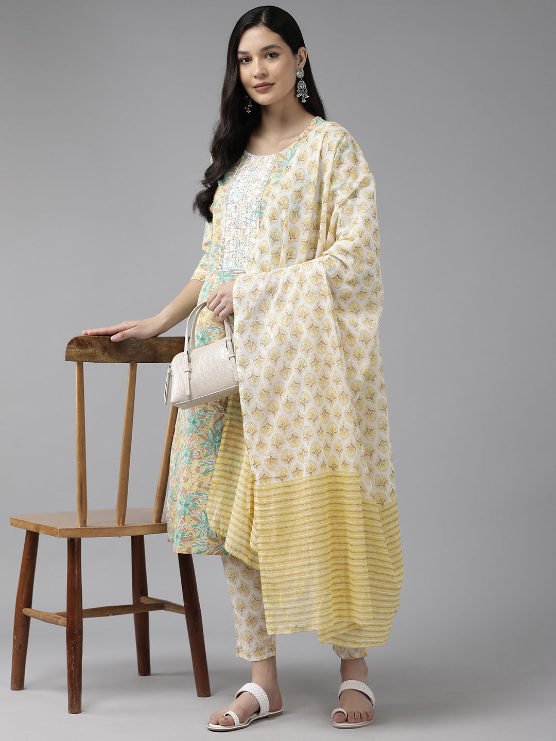 Yellow-Floral-Embroidered-Sequinned-Pure-Cotton-Kurta-With-Trousers-&-Dupatta-1443SKDYL