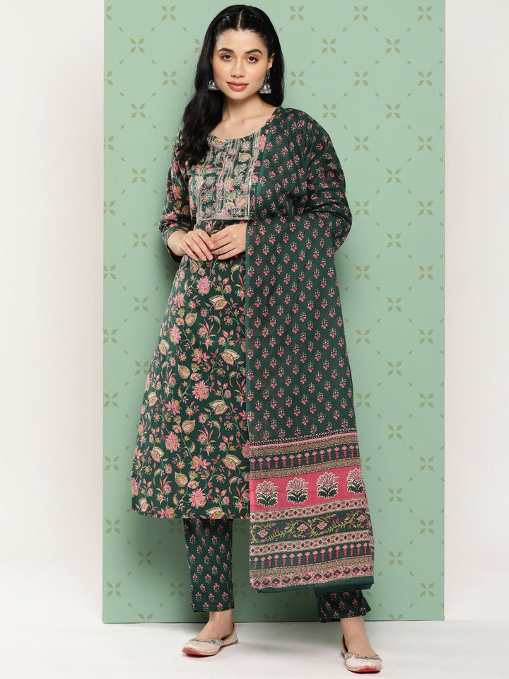 Green Floral Embroidered Pure Cotton Kurta With Trousers & Dupatta