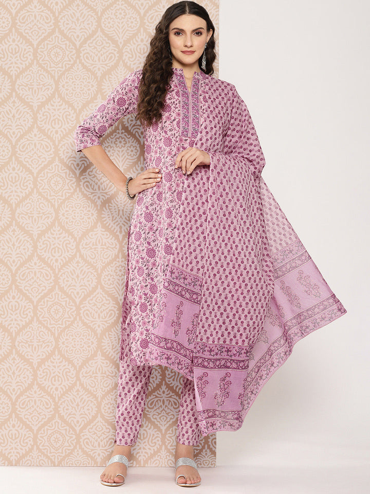 Pink-Floral-Print-Pure-Cotton-Kurta-With-Trousers-&-Dupatta