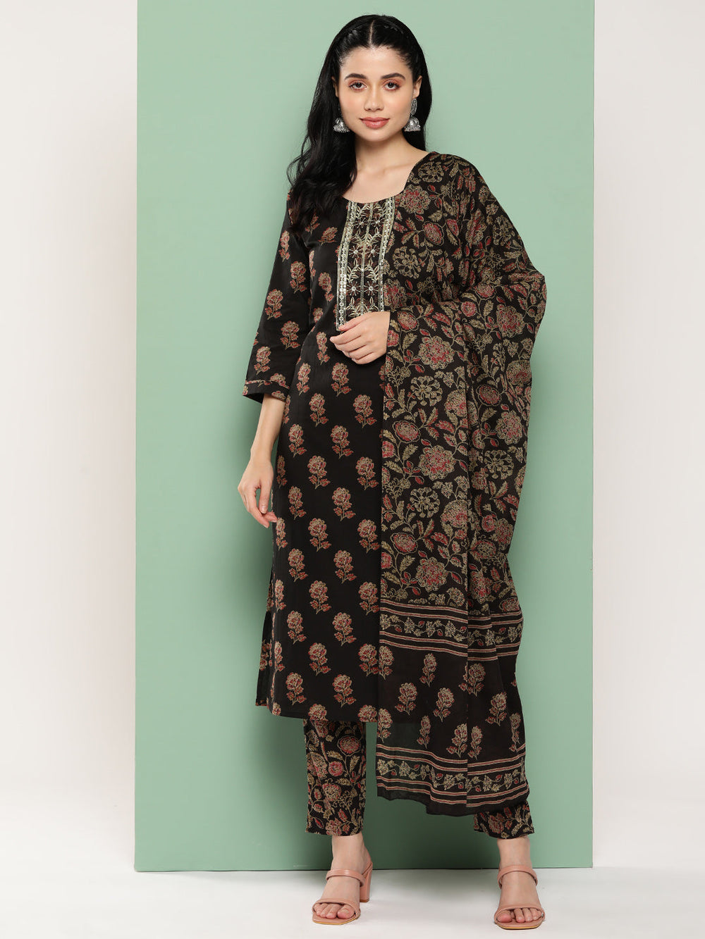 Brown-Floral-Embroidered-Gotta-Patti-Pure-Cotton-Kurta-With-Trousers-&-Dupatta-Set-1447SKDBR