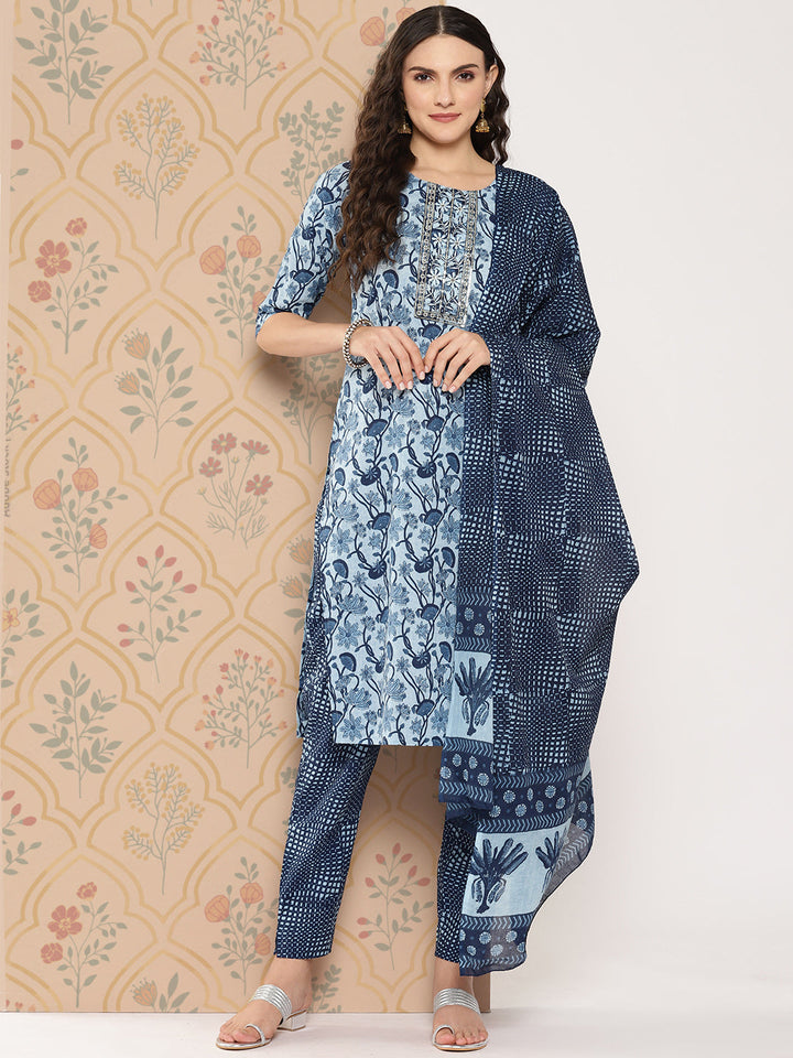 Women-Floral-Embroidered-Regular-Zardozi-Pure-Cotton-Kurta-With-Trousers-&-Dupatta-Set-1449SKDBL