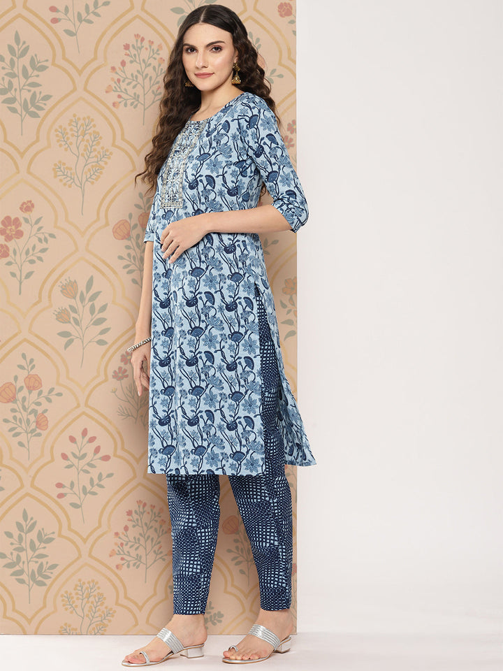 Women-Floral-Embroidered-Regular-Zardozi-Pure-Cotton-Kurta-With-Trousers-&-Dupatta-Set-1449SKDBL