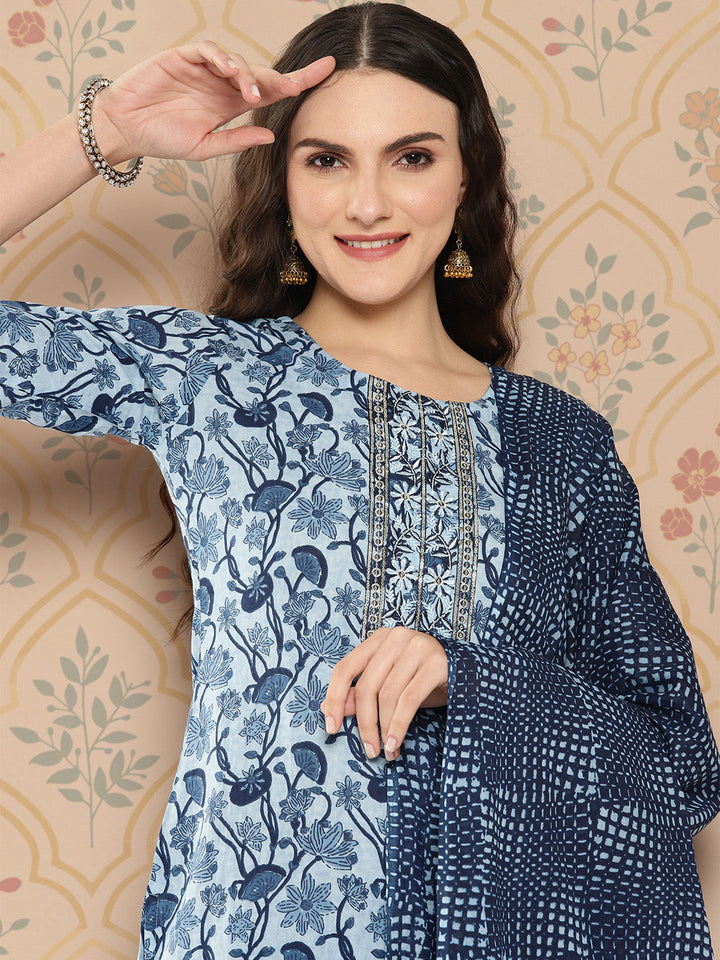 Blue Cotton Zardozi Embroidered Kurta Set