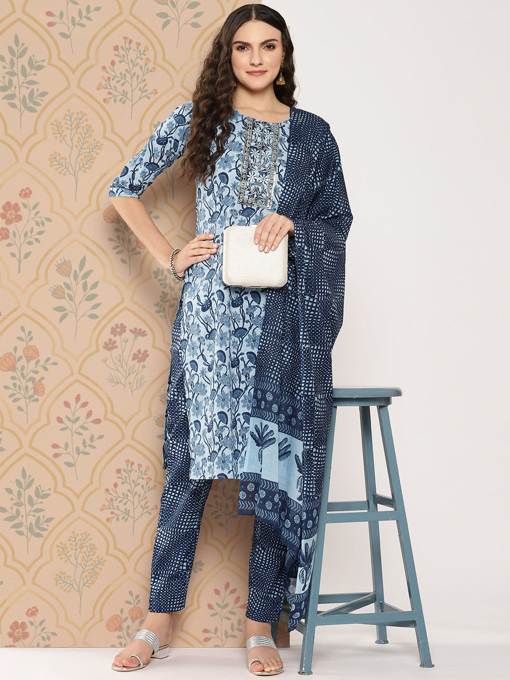Women-Floral-Embroidered-Regular-Zardozi-Pure-Cotton-Kurta-With-Trousers-&-Dupatta-Set-1449SKDBL