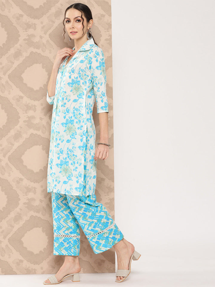 White-And-Blue-Floral-Printed-Pure-Cotton-Kurta-With-Trousers-1463CRDWH