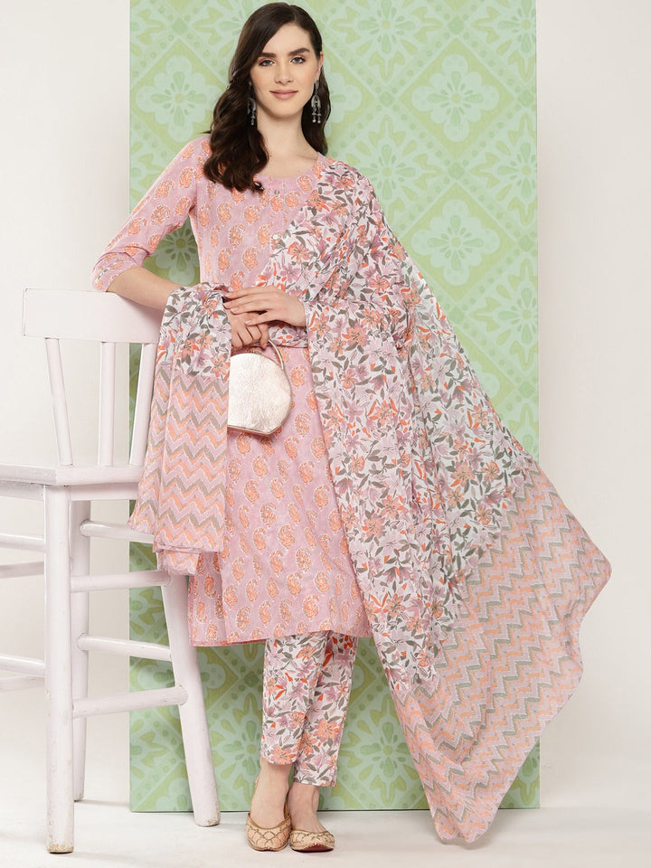 Mauve-Paisley-Printed-Pure-Cotton-Kurta-With-Trousers-&-Dupatta