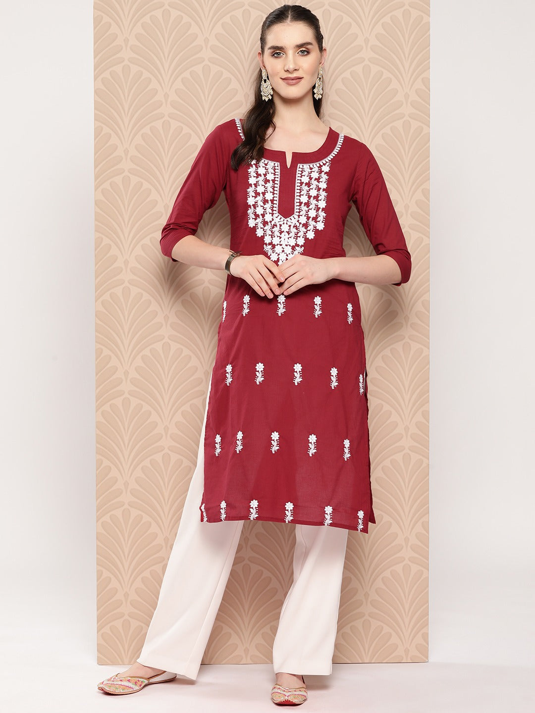 Maroon-Floral-Embroidered-Pure-Cotton-Kurta-1497KURMR