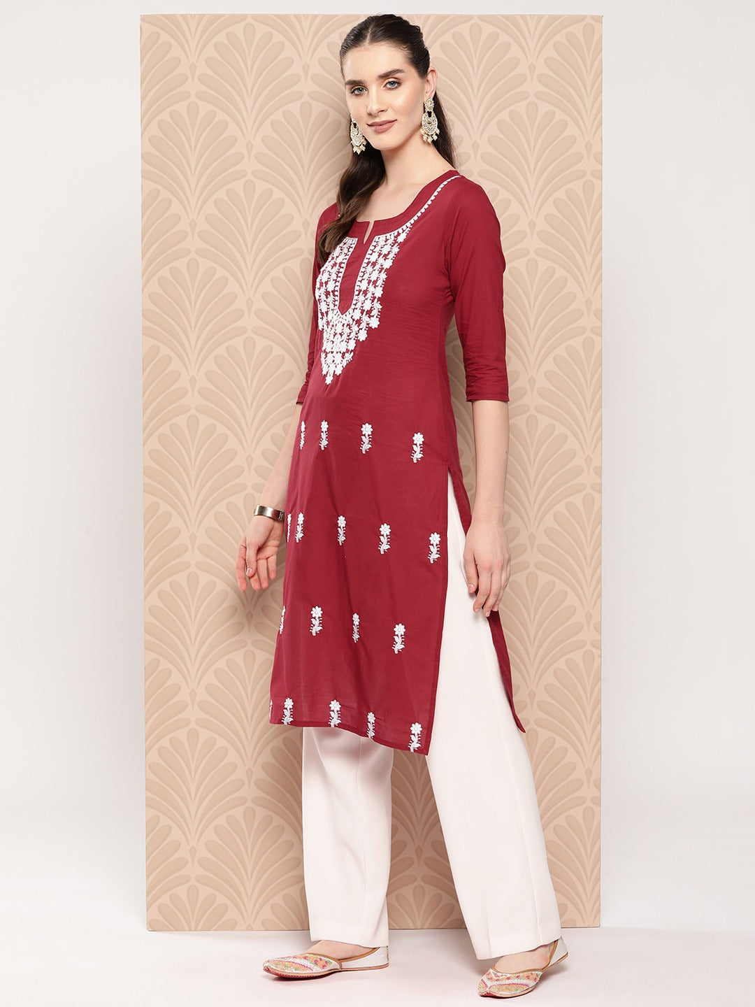 Maroon-Floral-Embroidered-Pure-Cotton-Kurta-1497KURMR