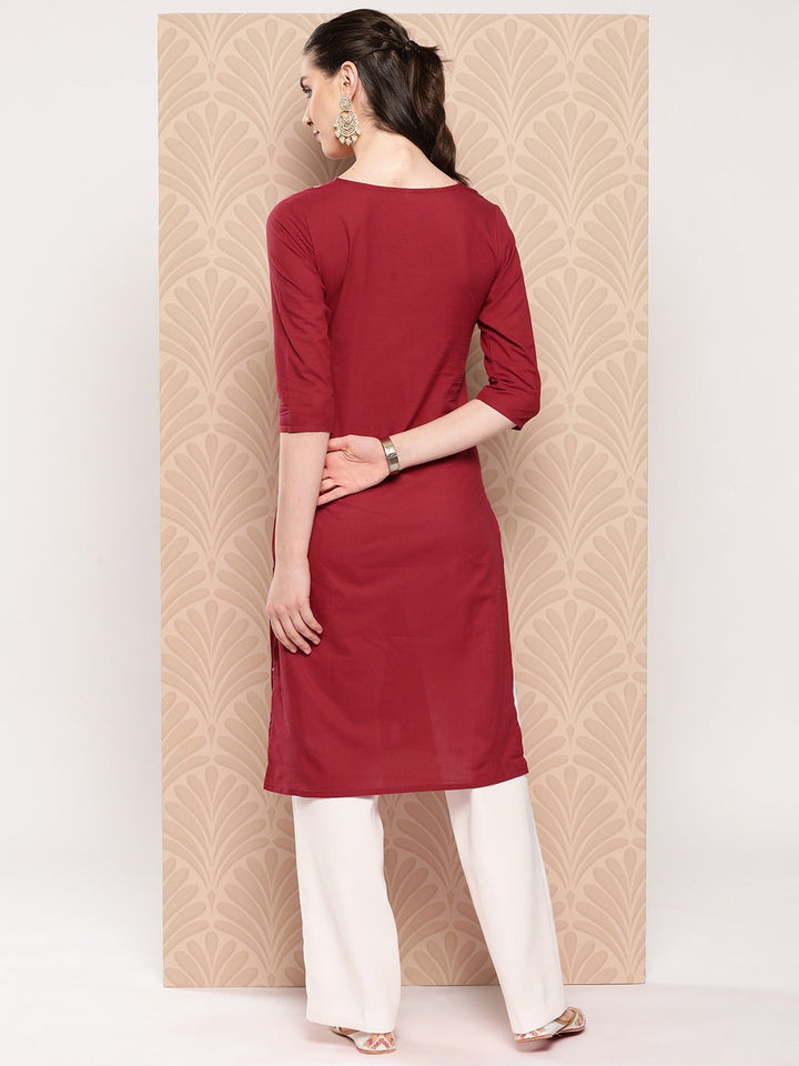 Maroon-Floral-Embroidered-Pure-Cotton-Kurta-1497KURMR