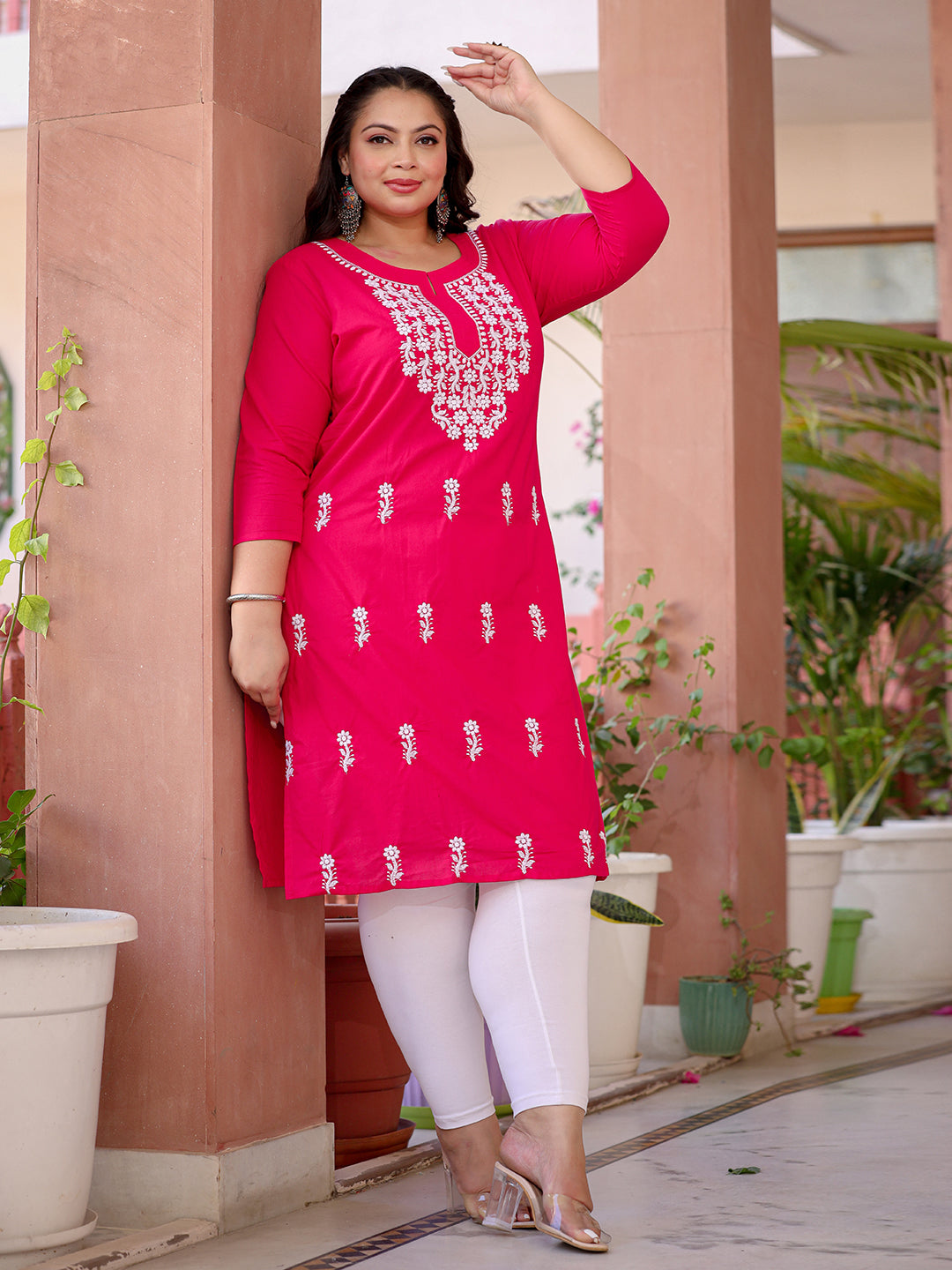 Floral Embroidered Chikankari Pure Cotton Pink Kurta