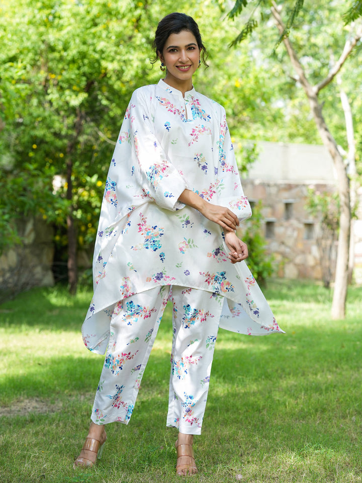 White Floral Print Kaftan Kurta With Trousers Co-Ords