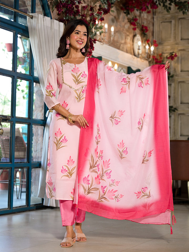 Pink Silk Blend Floral Cutdana Work Full Kurta Set