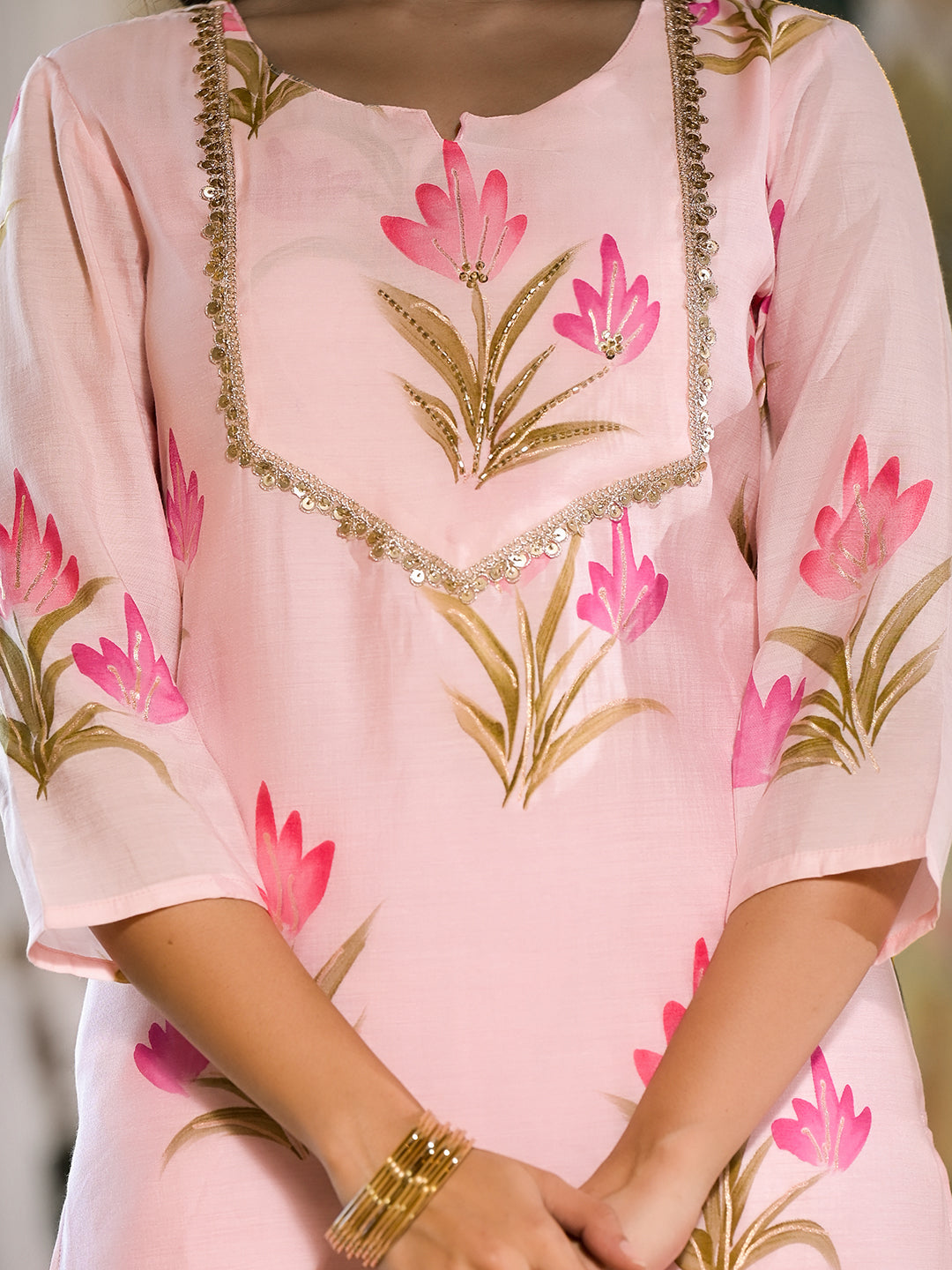 Pink Silk Blend Floral Cutdana Work Full Kurta Set