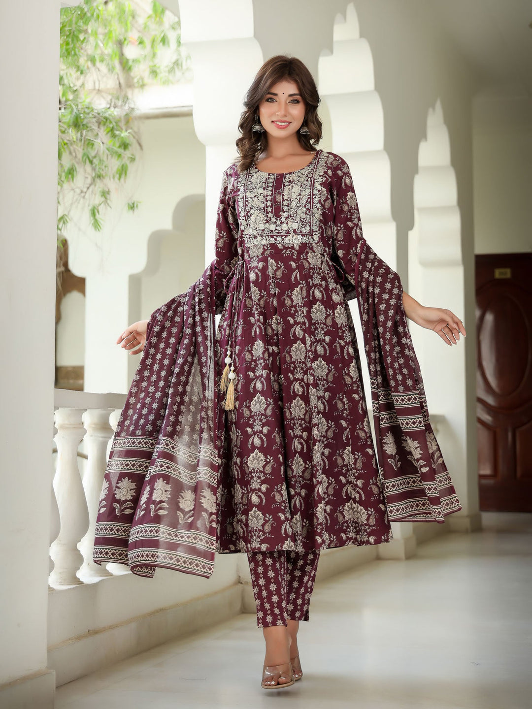 Maroon Floral Embroidered Regular Thread Work Pure Cotton Kurta With Trousers & Dupatta