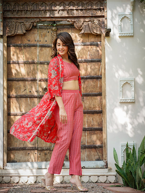 Red Muslin Crop Top And Pant With Long Shrug Co-Ord Set