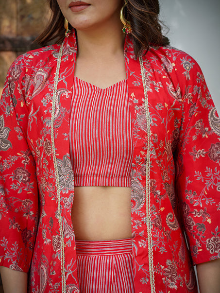 Red Muslin Crop Top And Pant With Long Shrug Co-Ord Set