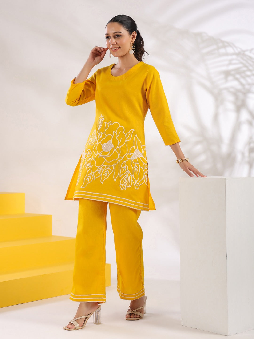 Yellow Solid A-Line Thread Work Co-Ord Set
