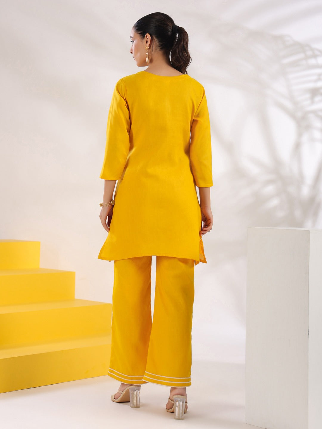 Yellow Solid A-Line Thread Work Co-Ord Set