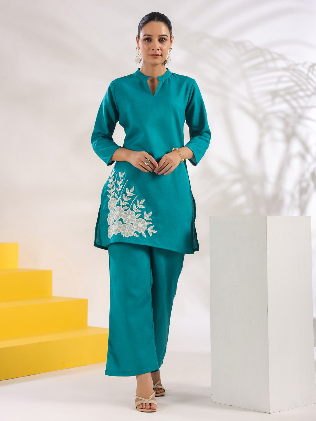Turquoise Blue Solid Straight Thread Work Co-Ord Set