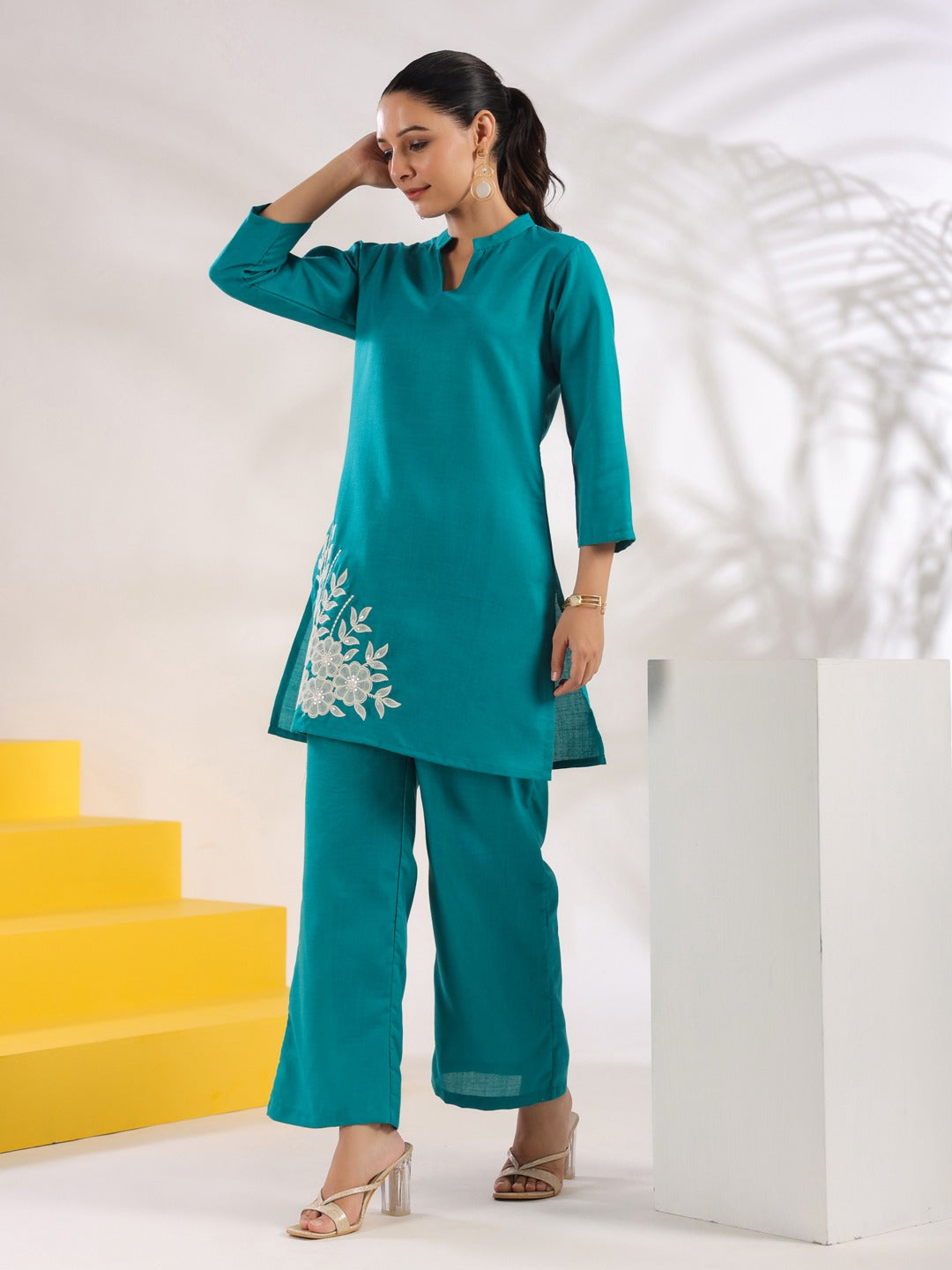 Turquoise Blue Solid Straight Thread Work Co-Ord Set