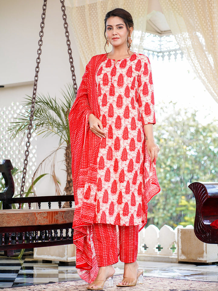 Red Pure Cotton Straight Kurta Suit Set