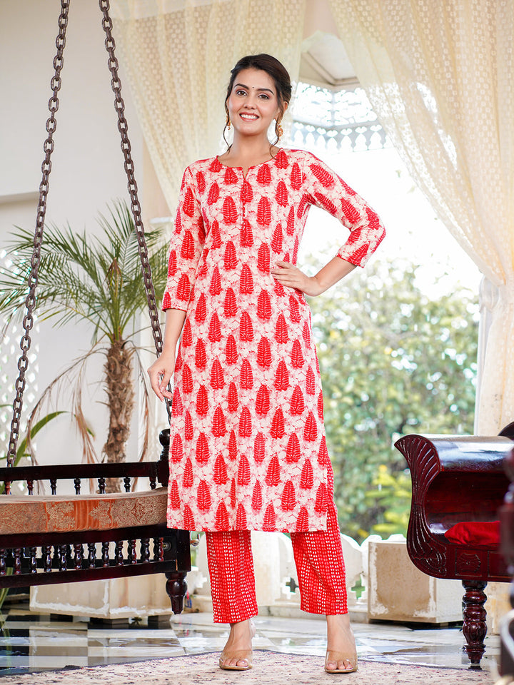 Red Pure Cotton Straight Kurta Suit Set