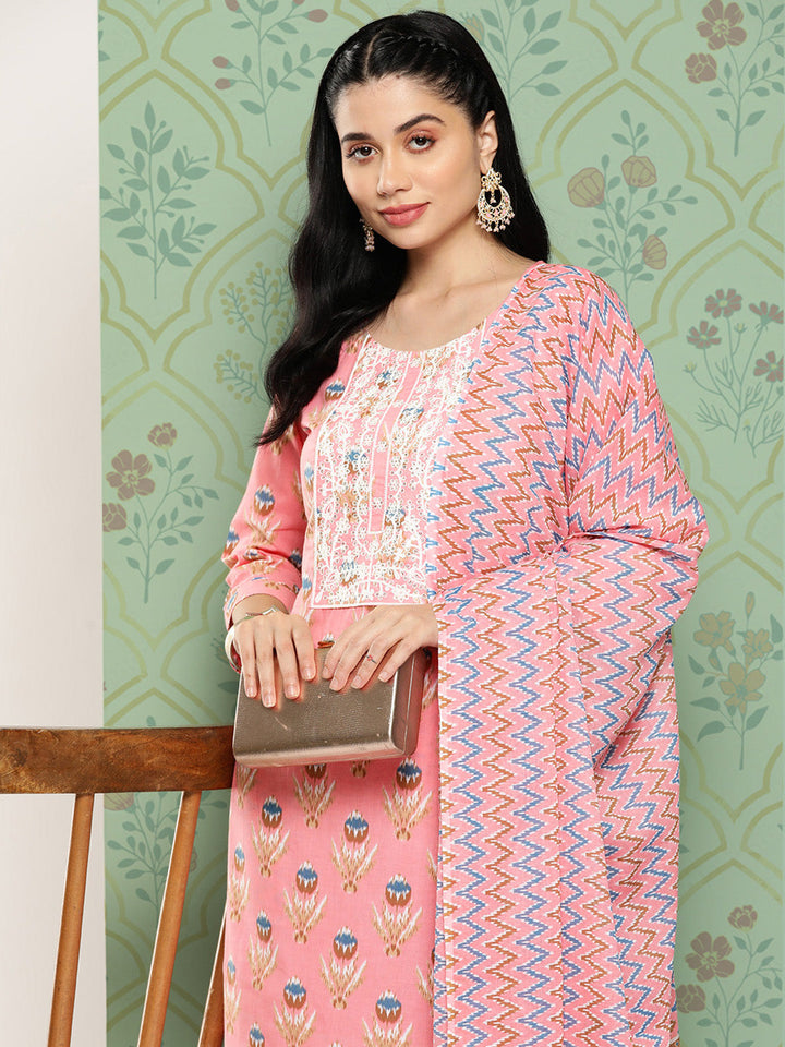 Floral-Embroidered-Regular-Pure-Cotton-Kurta-With-Trousers-&-Dupatta