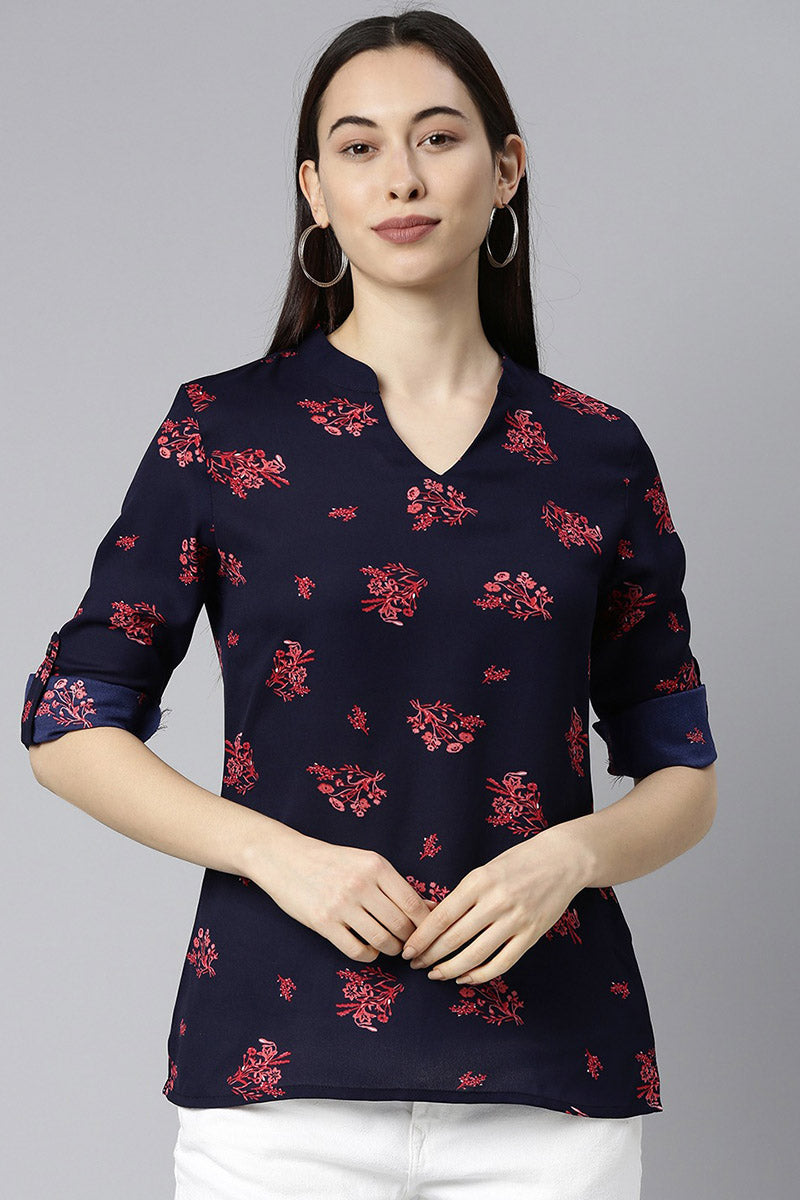 ZERESOUQ-Dark-Blue-&-Pink-Georgette-Floral-Printed-Top