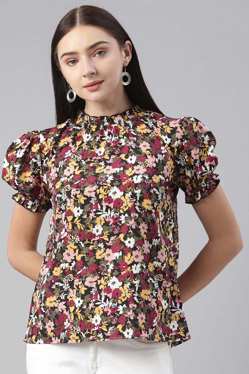 Multicolored Floral Printed Georgette High-Neck Top