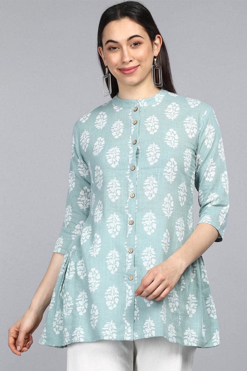 ZERESOUQ-Pista-Green-Cotton-Ethnic-Motifs-Ajrakh-Printed-Tunic-Top