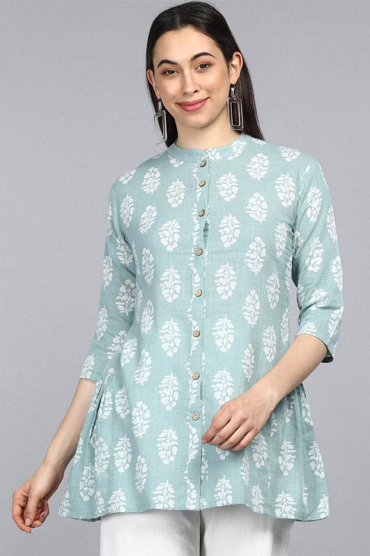 ZERESOUQ-Pista-Green-Cotton-Ethnic-Motifs-Ajrakh-Printed-Tunic-Top
