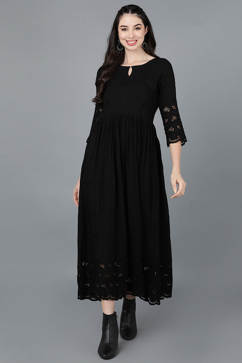 Solid Black Cotton Schiffli Laced Long Dress