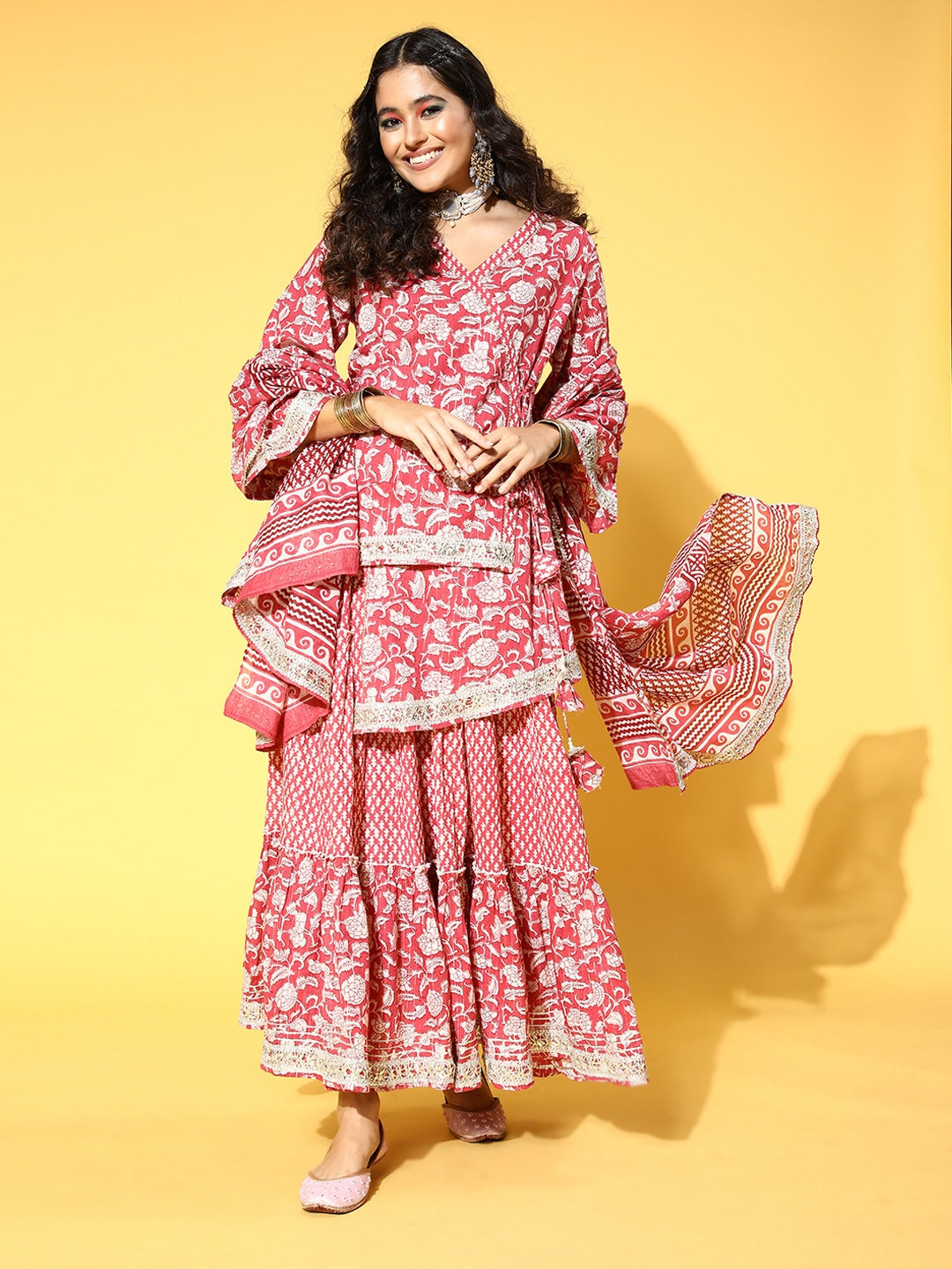 Peach-Printed-Cotton-Kurti-Skirt-&-Dupatta