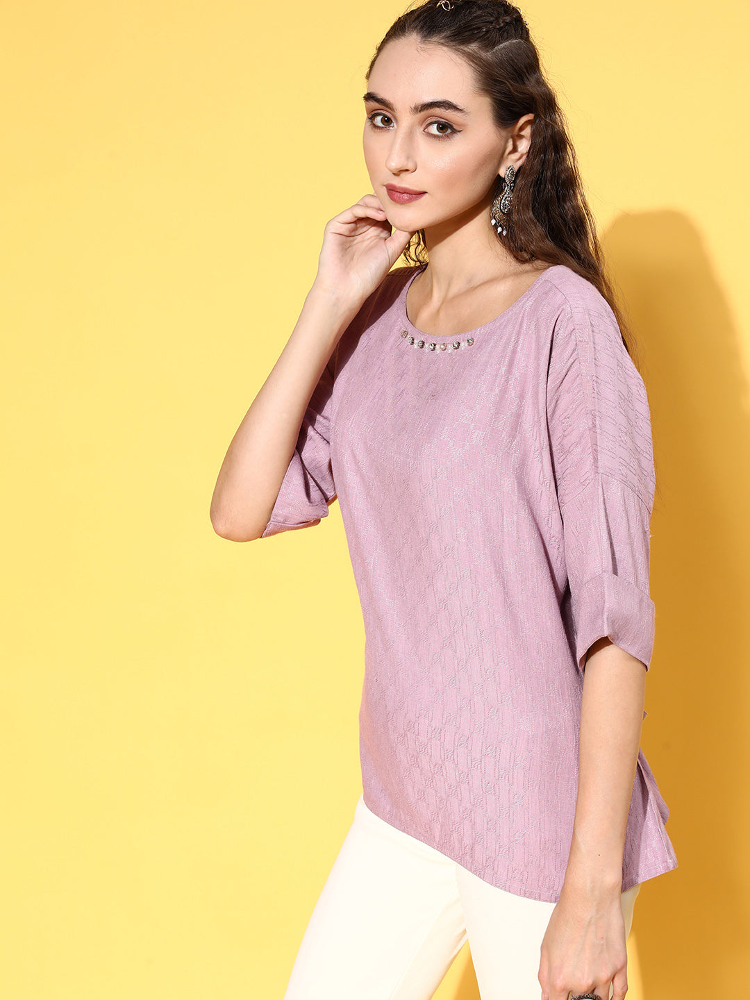 Pink Self Woven Embellish Top with Tie-Up