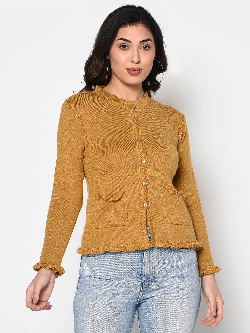 Mustard Acrylic Cardigan And Frill Detail