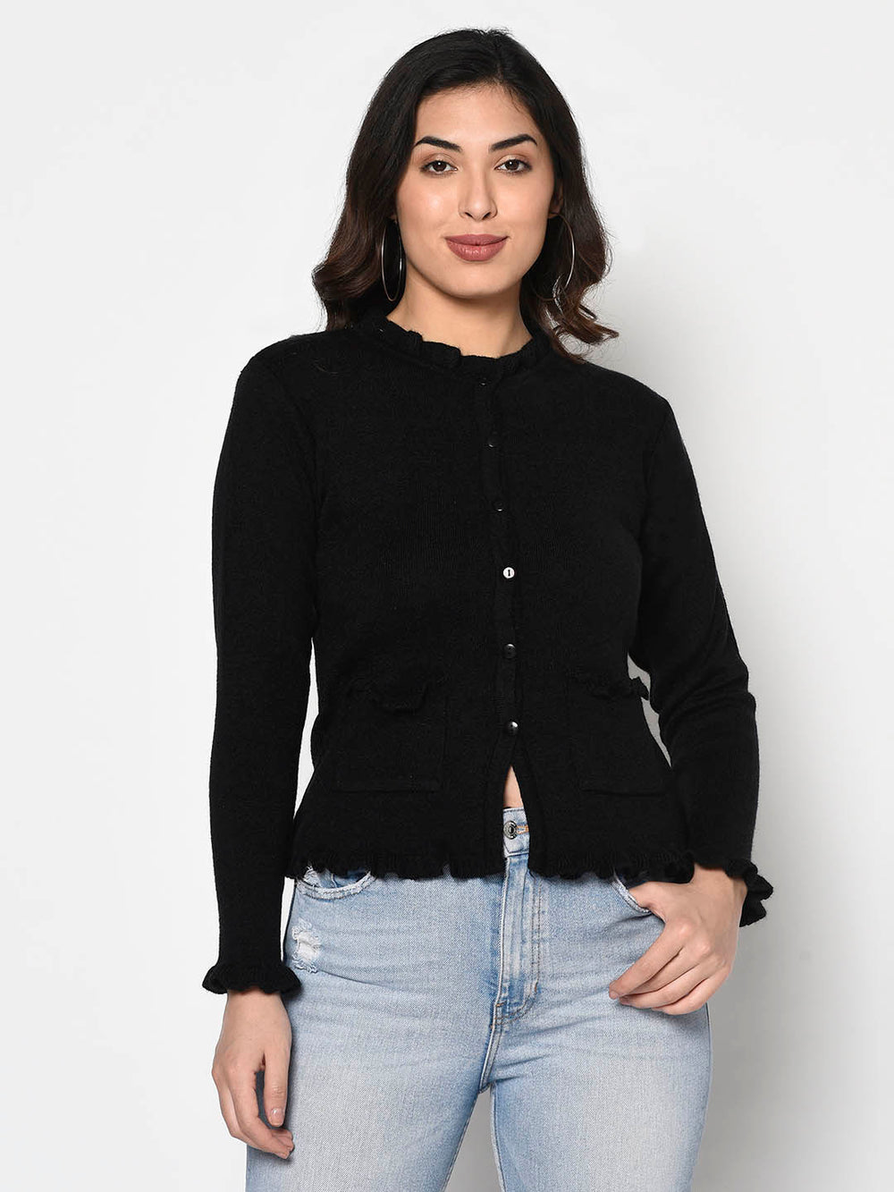 Black Cardigan With Pockets & Frill Detail