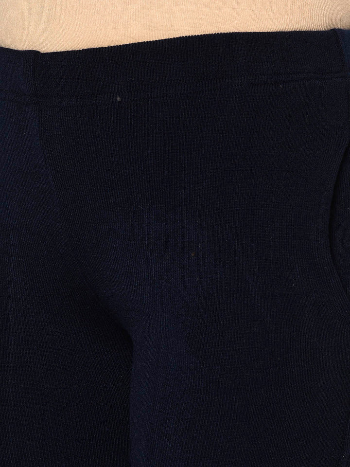 Navy Blue Acrylic Warm Bottomwear With Slit